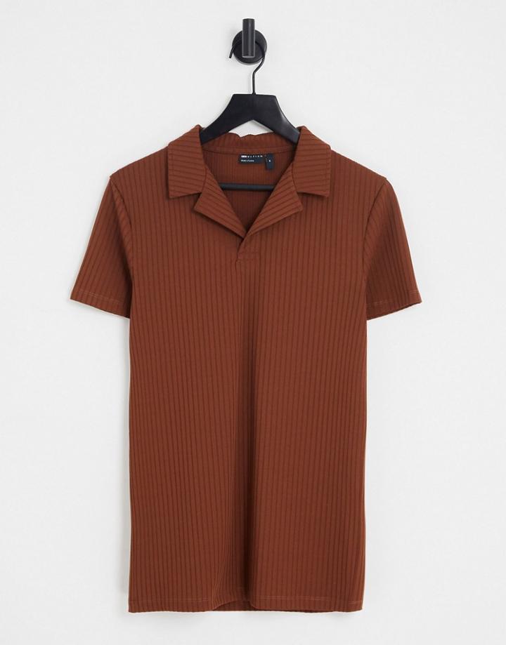 Asos Design Muscle Fit Polo In Textured Rib In Brown