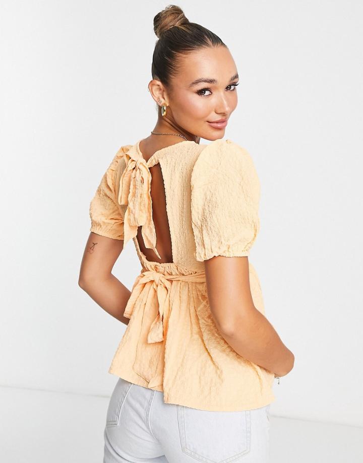 Neon Rose Tie Back Smock Top In Textured Apricot-orange