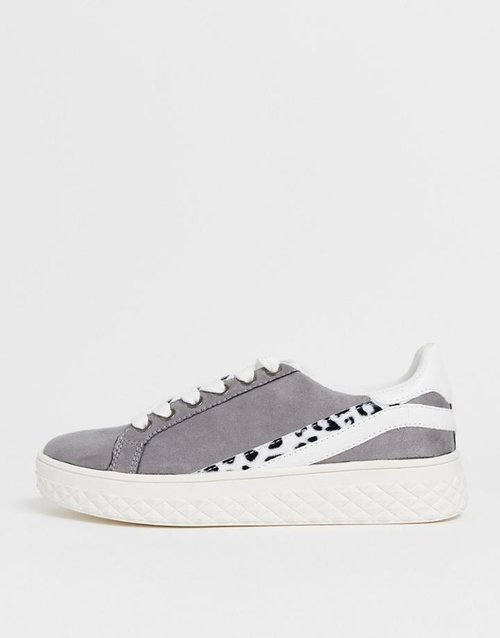 London Rebel Leopard Trim Lace Up Sneakers - Gray