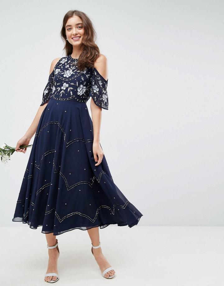 Asos Wedding Embellished Cold Shoulder Midi Dress - Navy