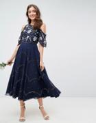 Asos Wedding Embellished Cold Shoulder Midi Dress - Navy