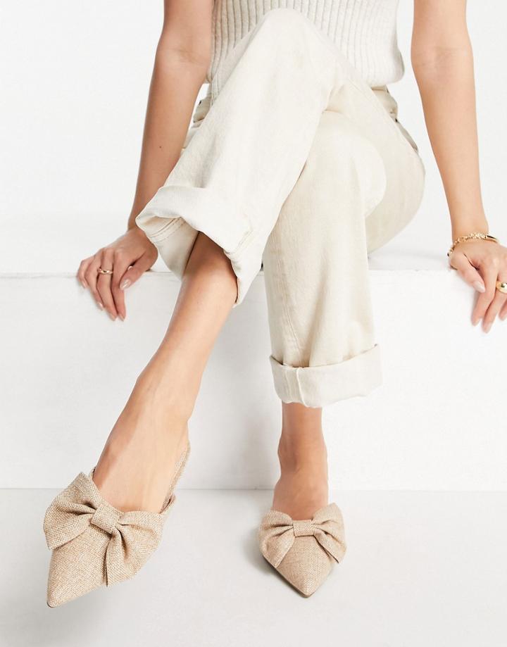 Asos Design Lass Oversized Bow Pointed Flat Mules In Natural Fabrication-neutral