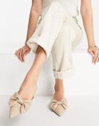 Asos Design Lass Oversized Bow Pointed Flat Mules In Natural Fabrication-neutral