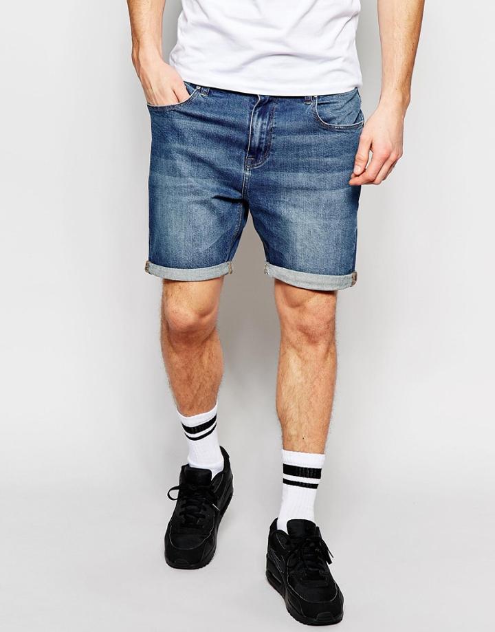 Asos Slim Denim Shorts In Green Caste Dark Blue - Dark Blue