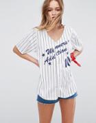 Asos X Lot Stock & Barrel Top With Baseball Stripe And Applique - Multi