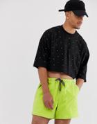 Asos Design Cropped Oversized T-shirt With Half Sleeve And Neon Embellished Gems - Black