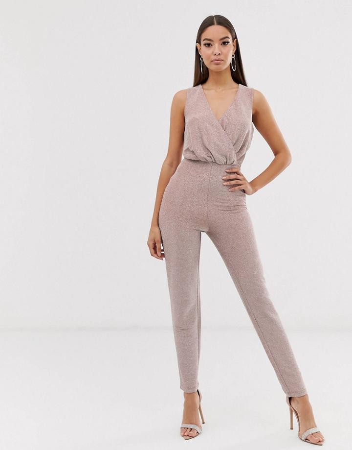 The Girlcode Glitter Lurex Wrap Front Jumpsuit In Mink - Pink