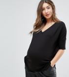 Asos Maternity Oversized T-shirt With V Neck And Dip Back In Rib - Black