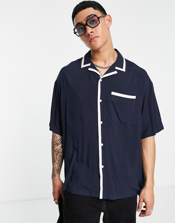 Asos Design Relaxed Shirt With Piping Detail-navy