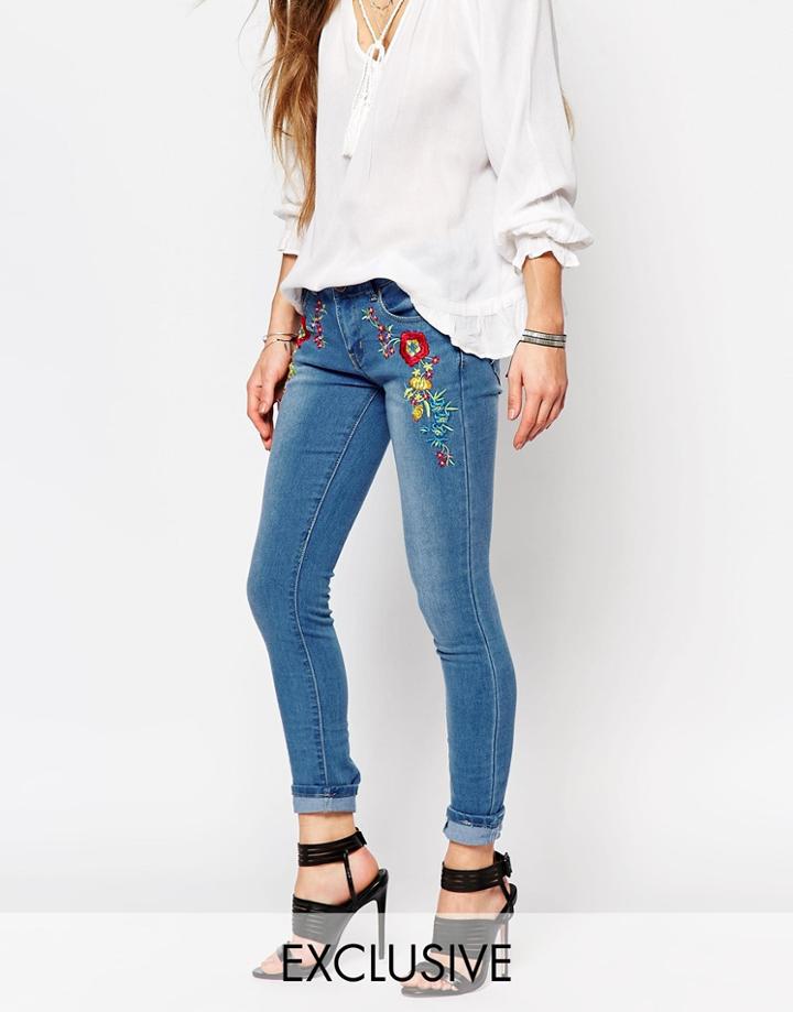Liquor & Poker Floral Embroidered Skinny Jeans - Blue