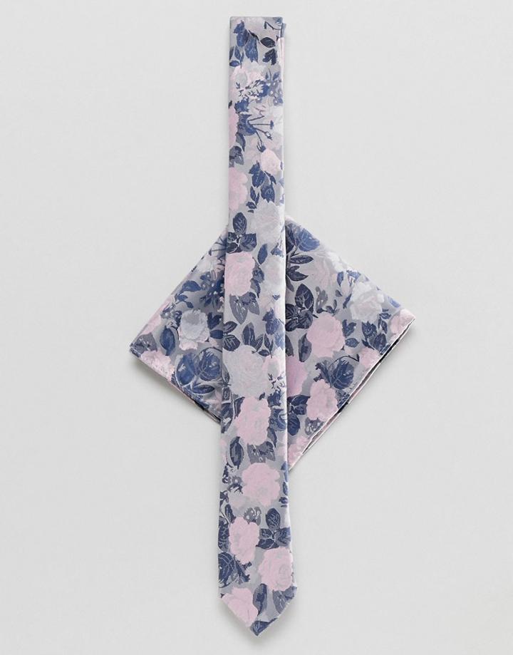 Asos Design Floral Tie & Pink Pocket Square - Gray