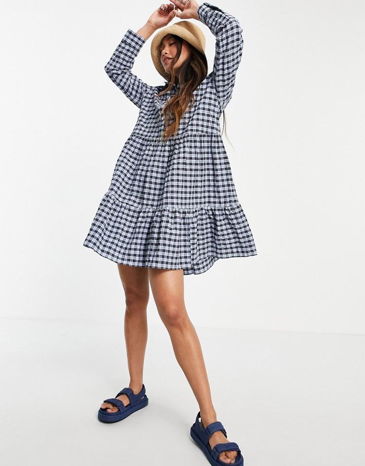 Mango Gingham Shirt Dress In Blue And Black-multi