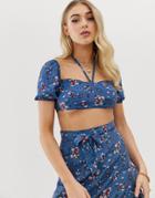 Club L Gathered Crop Top In Floral Print-blue