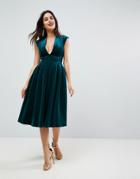 Asos Deep Plunge Bonded Velvet Prom Midi Dress - Green