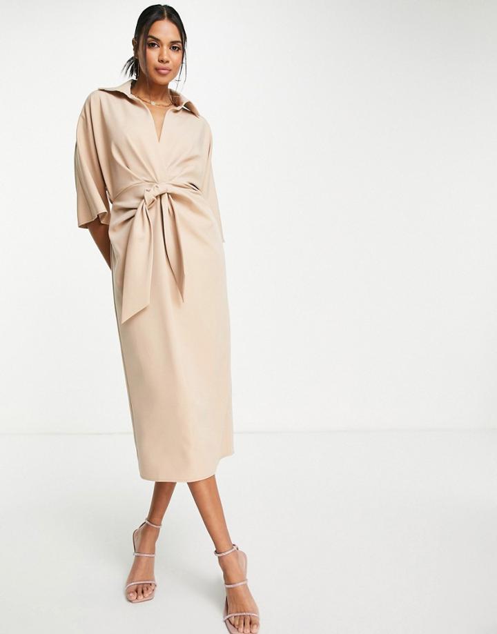 Asos Design Collared Wrap Front Batwing Midi Dress With Knot In Camel-neutral