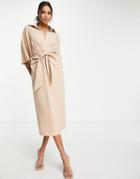 Asos Design Collared Wrap Front Batwing Midi Dress With Knot In Camel-neutral