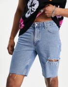 Asos Design Slim Denim Shorts With Thigh Rip In Mid Wash-blue
