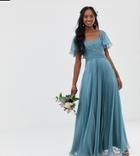 Asos Design Tall Bridesmaid Pleated Bodice Maxi Dress With Flutter Sleeve-blue