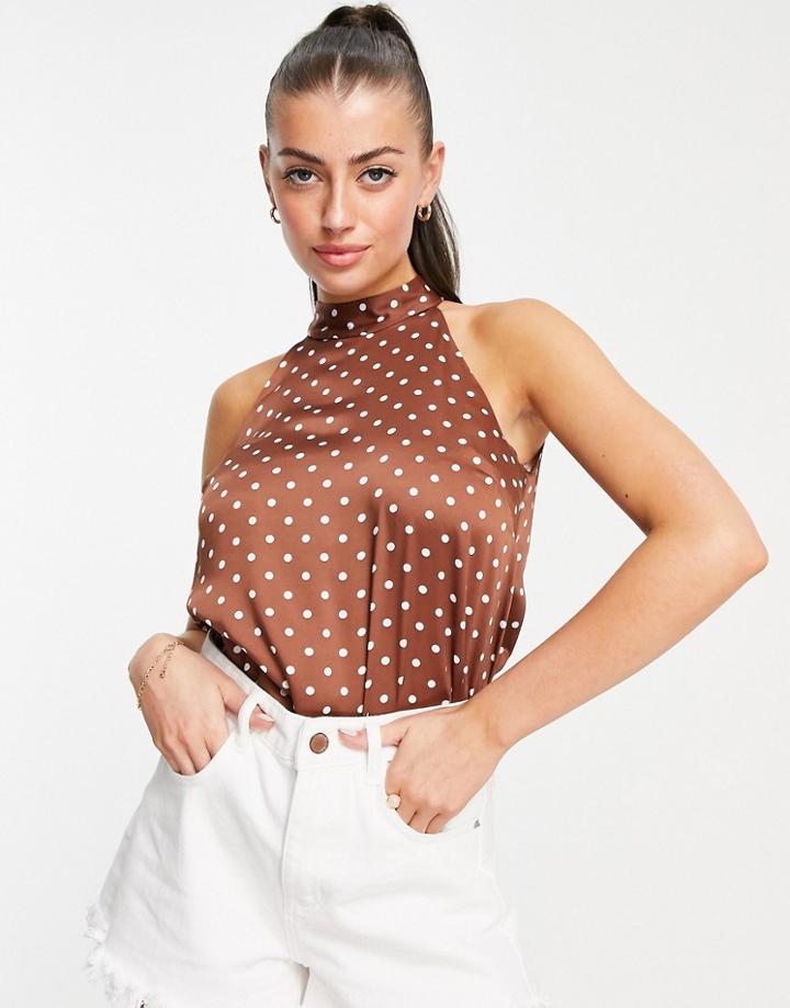 River Island Polka Dot Halterneck Top In Brown