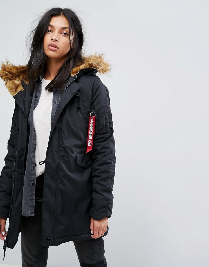 Alpha Industries Explorer Parka Coat With Faux Fur Hood - Black
