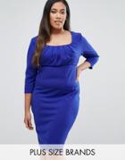 Goddiva Plus Pencil Dress With Pleated Neckline - Blue