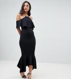 Asos Tall Ruffle Cold Shoulder Asymmetric Pephem Midi Dress - Black