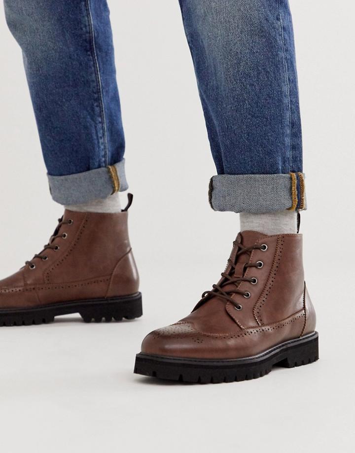 Asos Design Brogue Boots In Tan Faux Leather With Black Sole