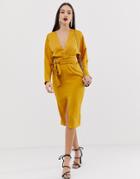 Asos Design Midi Dress With Batwing Sleeve And Wrap Waist In Satin - Gold