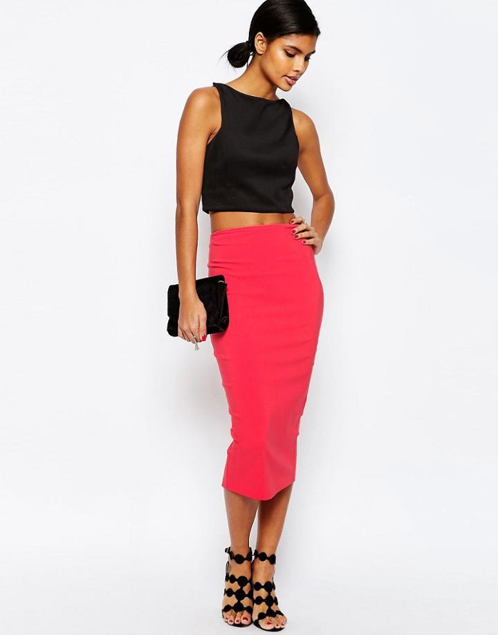 Asos High Waist Longerline Pencil Skirt - Coral