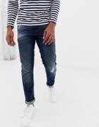 Asos Design 12.5oz Slim Jeans In Dark Wash With Abrasions - Blue