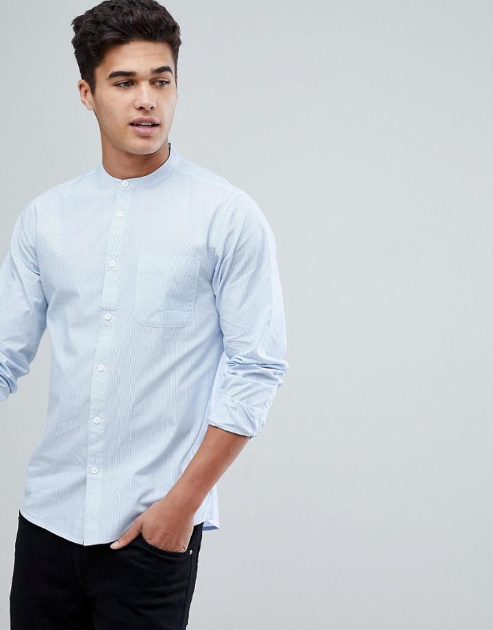 Solid Fine Stripe Shirt With Grandad Collar - Blue