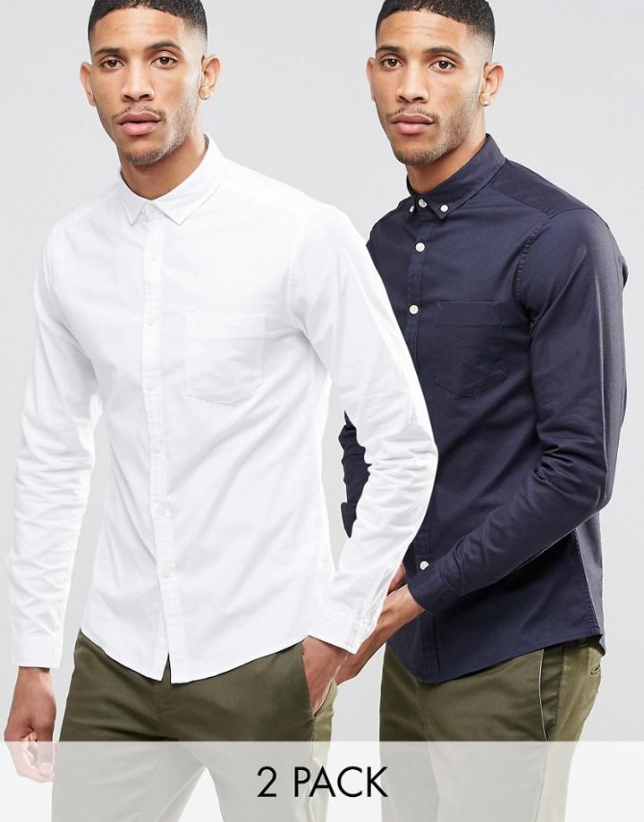 Asos Skinny Oxford 2 Pack In White And Navy With Long Sleeves - Multi
