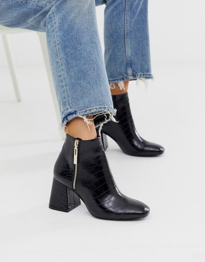 Stradivarius Moc Croc Heeled Boot In Black - Black