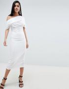 Asos Design Pleated Shoulder Pencil Dress - White