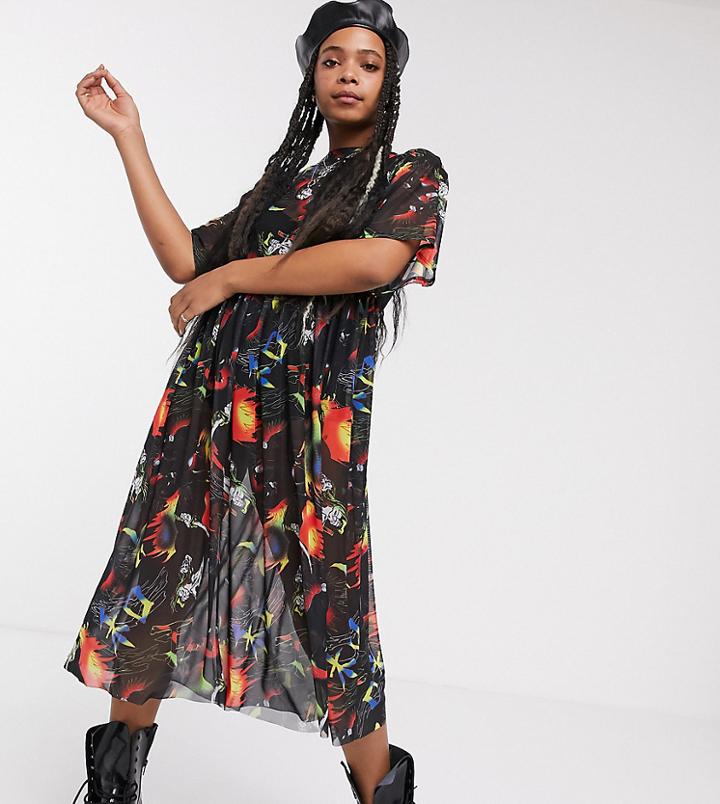 Collusion Mesh Midi Smock Dress In Fire Comic Print-multi