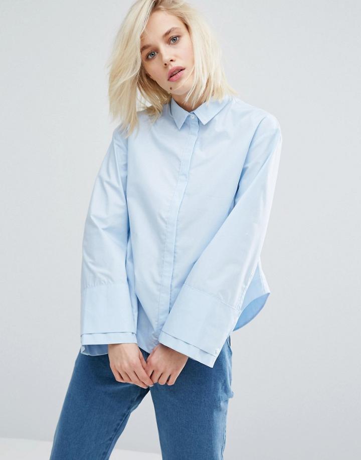 I Love Friday Boxy Shirt With Oversized Cuff Sleeve - Blue
