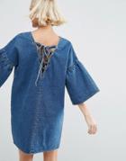 Asos Denim Dress With Fluted Sleeves And Tie Back In Mid Blue Wash - Blue