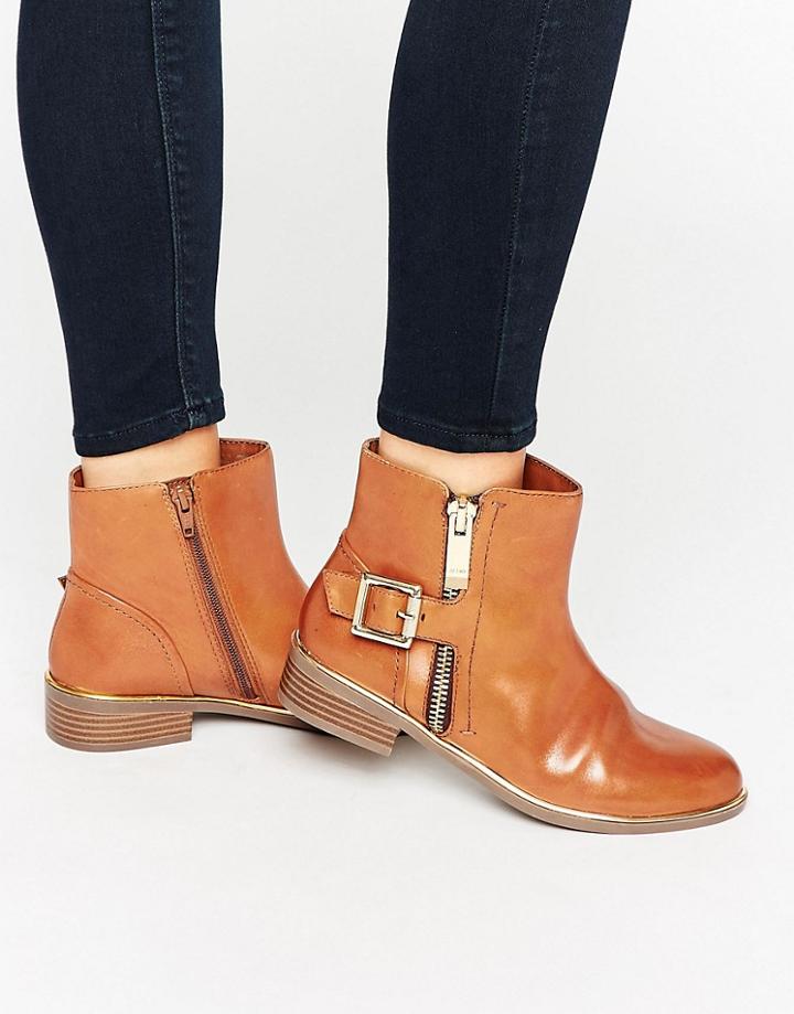 Aldo Buckle And Zip Detail Flat Boots - Tan