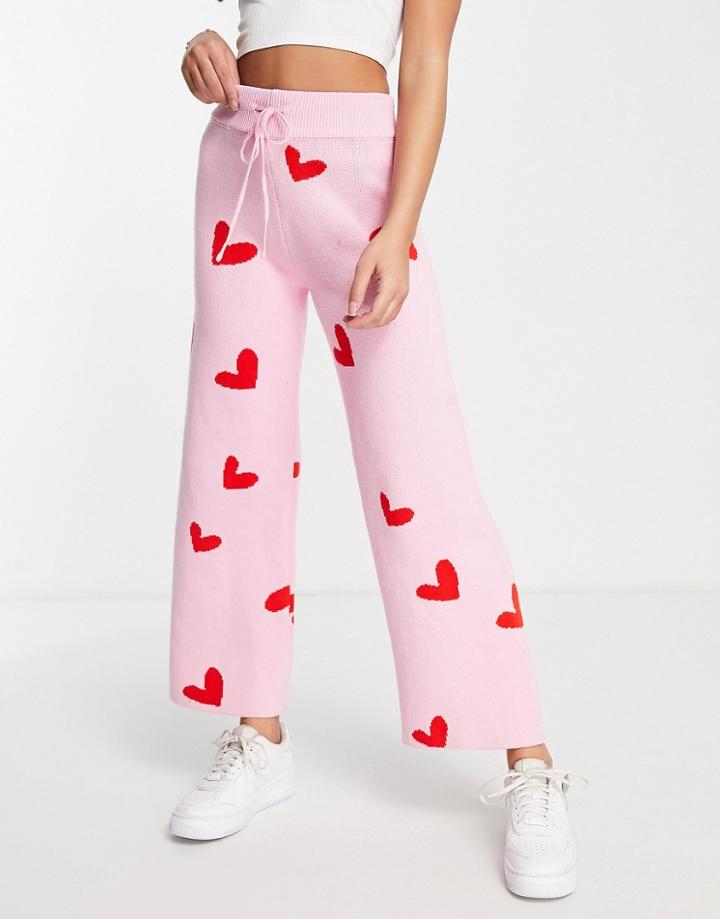 Style Cheat Knit Wide Leg Sweatpants In Pink Heart Print - Part Of A Set
