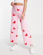 Style Cheat Knit Wide Leg Sweatpants In Pink Heart Print - Part Of A Set