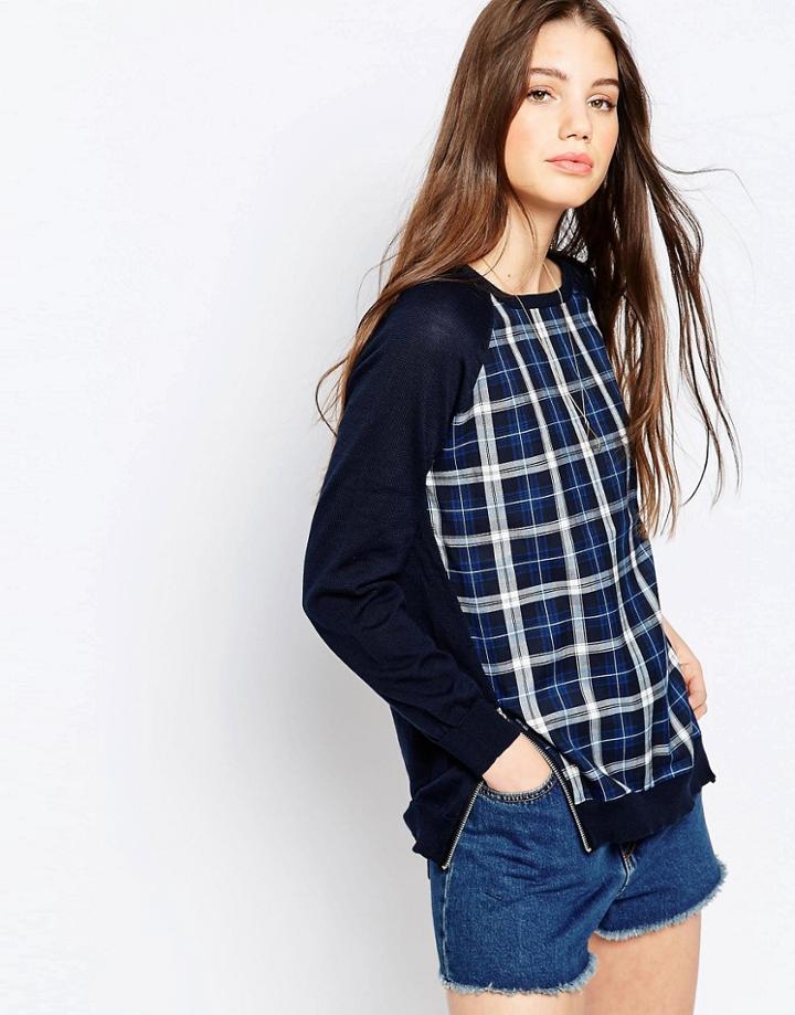 Qed London Knitted Sweater With Check Front - Navy