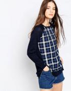 Qed London Knitted Sweater With Check Front - Navy