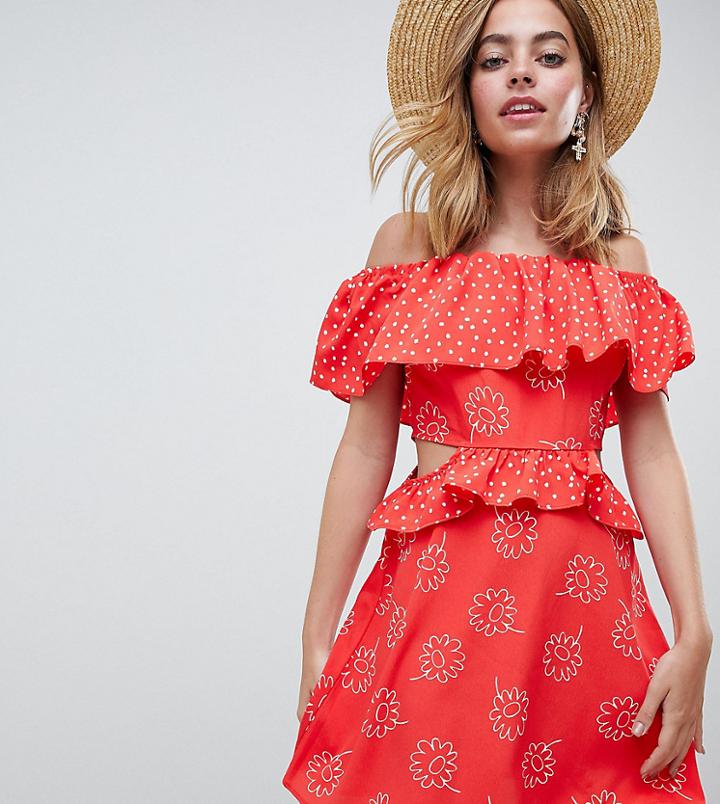 Asos Design Petite Mini Sundress In Mixed Print With Cutout Detail - Multi
