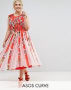 Asos Curve Floral Mesh Insert Fit And Flare Midi Dress - Multi