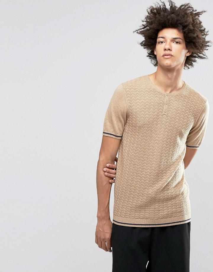 Asos Knitted T-shirt With Grandad Neck In Merino Wool Mix - Beige