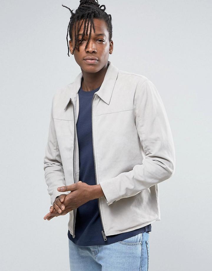 Selected Homme Zip Through Suede Jacket - Stone