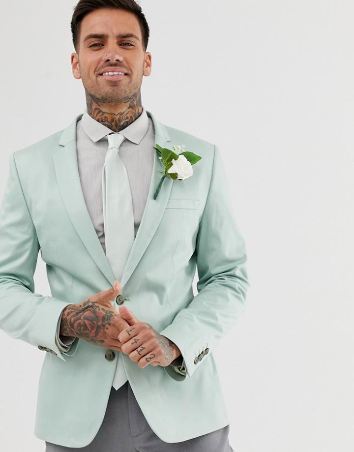 Asos Design Wedding Super Skinny Cotton Blazer In Mint Green - Green