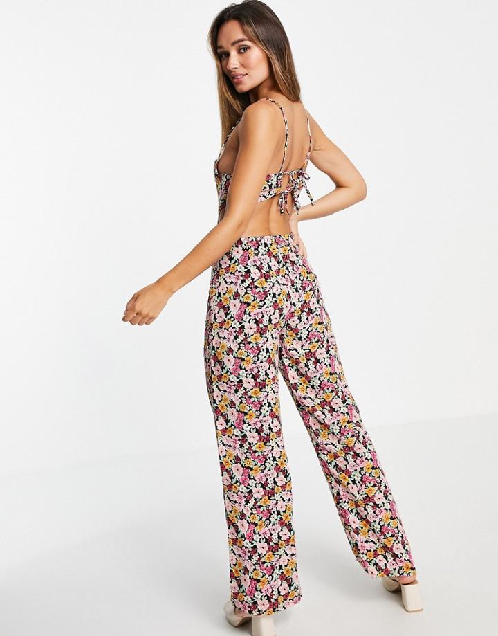 Fashion Union Floral Cut Out Waist Wide Leg Jumpsuit-multi