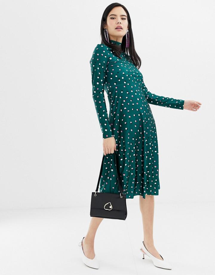Monki High Neck Dot Print Midi Dress In Green - Green