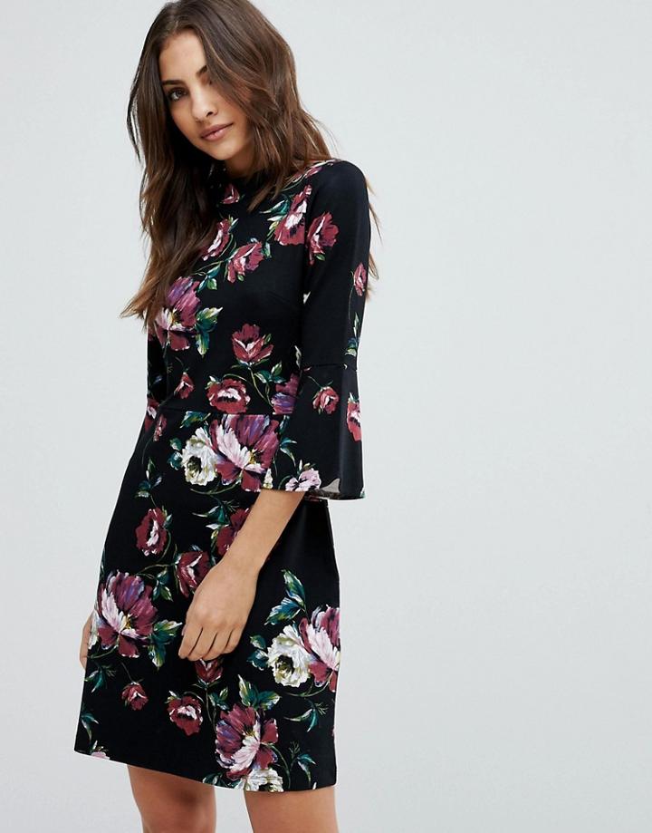 Warehouse Floral Print Ponte Skater Dress - Black